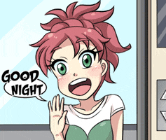 Anime gif. Woman with red hair blushes and waves at us joyfully as the sliding door slowly closes. She moves with the door and continues to wave as the door closes.