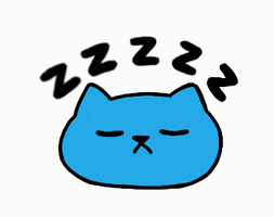Illustrated gif. A blue cat is sound asleep. Zs rolls over top of its head. 