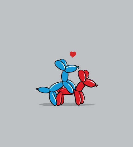 Illustrated gif. A blue balloon animal dog mounts a red balloon animal dog, humping vigorously. Tiny red hearts float above their heads.