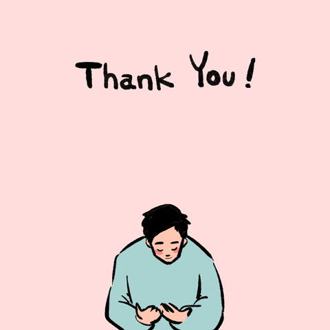 Illustrated gif. Man with black hair looks down and holds something in his hands. He then excitedly throws his hands up in the air and looks up with a smile on his face. Confetti flies out of his hands. Text, “Thank you!”