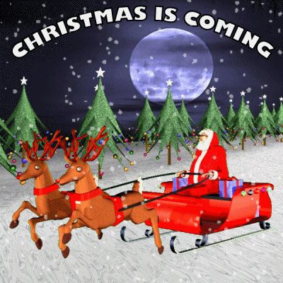 Cartoon gif. Santa Claus sits in his red and white suit in a red sleigh. He holds onto reins pulled by two reindeer. Green evergreen trees pass in the background. A large full moon glows on the dark sky as snow falls. Text, "Christmas Is Coming."