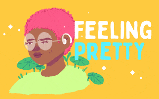 Illustrated gif. A pretty girl with a cool style looks out to the left. A flash of light shines across her big round glasses, and tiny white flowers appear in her short-cropped pink hair. Text, "Feeling pretty." 