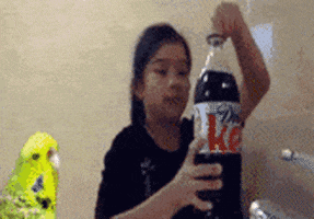 Digital art gif. Yellow parakeet sits in the corner watching a girl open a bottle of Diet Coke, which she loses control of when it foams up and explodes. It then turns into a fiery explosion, and the bird runs toward us in escape, and then we see a mushroom cloud, from which the bird flies out