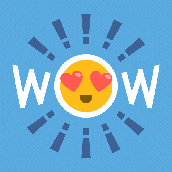 Text gif. Text, “WOW.” The O in WOW is designed with an emoji with hearts for eyes, spinning continuously with exclamation marks.