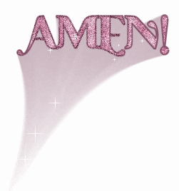 Text gif. Twinkling lights dance around glittery pink text that reads, "Amen."