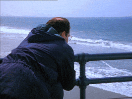 Seinfeld gif. Jason Alexander as George leans over a railing and gazes contemplatively at the waves rolling in on the beach.