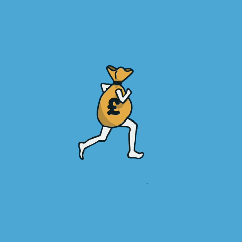 An animated gif illustration of a money bag with arms and legs that is running while coins fall from above into it. The background is blue.