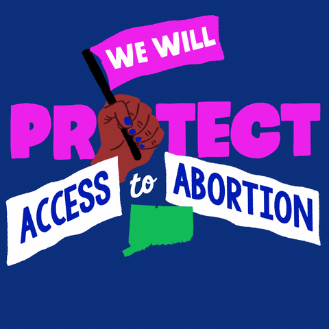 Text gif. Brown hand with blue fingernails in front of blue background waves a light purple flag up and down that reads, “We will,” followed by the text, “Protect access to abortion. Connecticut.”