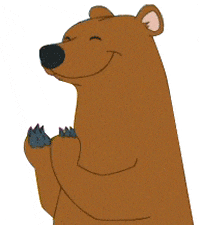 Cartoon gif. A bear smiles with happy closed eyes as it claps.
