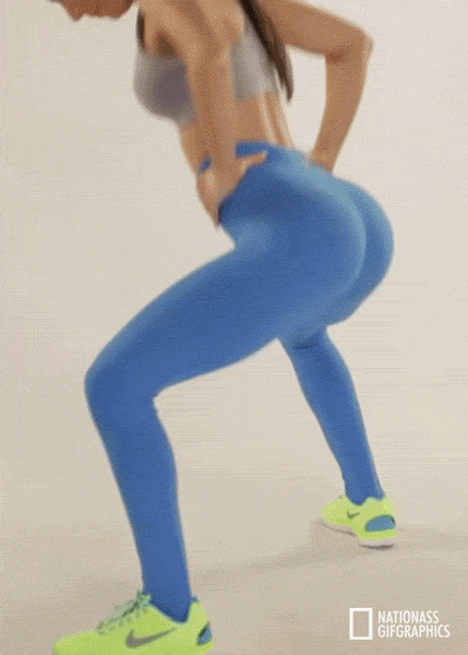 Video gif. Jen Selter squats in a workout video.