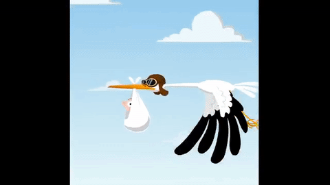 Pohyblivá animace s letícím čápem pouštějící ze zobáku miminko s leteckými brýlemi otevírající padák s nápisem "Congrats for your new baby". 