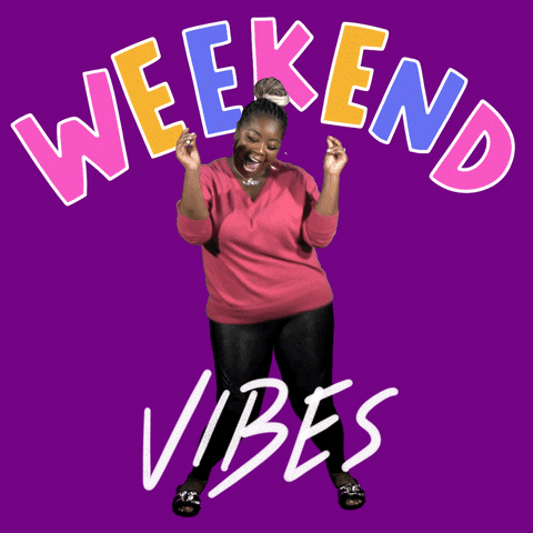 Video gif. Woman wearing a pink shirt, black leggings, and slides, dances while snapping her fingers. Text, "Weekend vibes."
