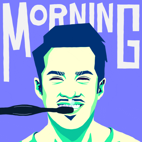 Digital illustration gif. Man smiles as a large bouncing toothbrush brushes his teeth from offscreen. Text, "Morning."