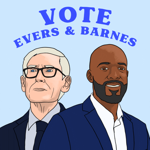 Illustrated gif. Depiction of Governor Tony Evans and Lieutenant Governor Mandela Barnes on a powder blue background. Text, "Vote Evers and Barnes."