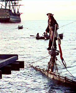 Jack Sparrow stepping off of a sinking ship