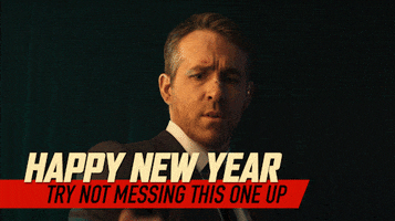 Movie gif. Ryan Reynolds as Michael in Hitman's Wife's Bodyguard wears a tux and looks down as his furrowed brow turns into a cringe. Text, "Happy New Year. Try not messing this one up."