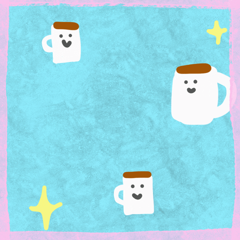 Illustrated gif. Three coffee mugs bounce up and down with stars flashing around them. One cup tips over and spills the coffee out, which has text that says, "Morning!"