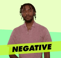 Video gif. A man hand signals no by using his hand to draw a line at his neck and he says, "Negative."