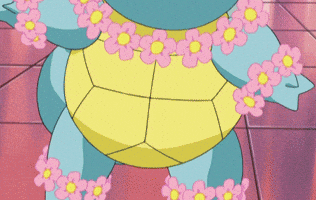 Pok&eacute;mon gif. Squirtle, wearing flowers on his head and around his neck and wrists, winks.