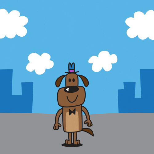 Illustrated gif. A brown cartoon dog wears a blue hat and a black bow tie. He smiles and lifts his paw in the air, gesturing with an OK sign at us. Text, "OK!"