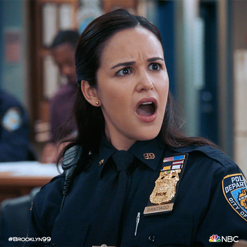 TV gif. Melissa Fumero as Santiago from Brooklyn Nine-Nine, looks shocked and horrified, eyes wide, eyebrows frowning and mouth half open in a grimace or gasp. Her shoulders square off slightly toward the object of her ridicule. She wears her full NYPD officer uniform and badge. 