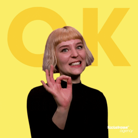 Video gif. Against a solid yellow background with the word "OK", a woman with short hair excitedly makes the "OK" hand gesture at us.