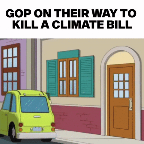 Family Guy gif. Eleven clowns in various shapes and sizes emerge from a tiny yellow car and enter a building as Peter Griffin looks on. Caption, “GOP on their way to kill a climate bill.”