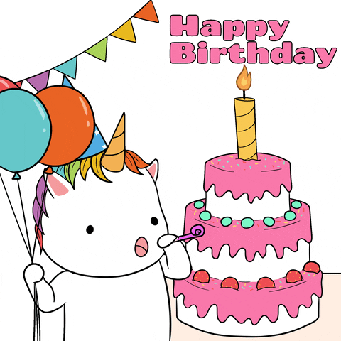 Digital illustration gif. Unicorn with a rainbow mane wears a party hat and blows a party horn next to a three-tiered white cake with pink frosting and a yellow lit candle on top. The unicorn holds a few colored balloons and stands below a string of colorful party flags. Text, "Happy birthday."