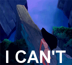 Disney gif. Pocahontas flings herself off a cliff, diving down into the water below. Text, “I can’t.”