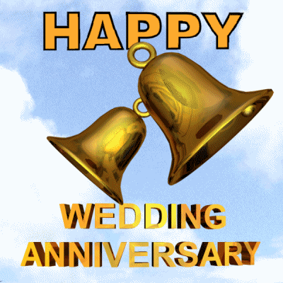 Gif pozvání na zlatou svatbu s pohybujícími se zvony a otáčejícím se nápisem "Happy wedding anniversary". 