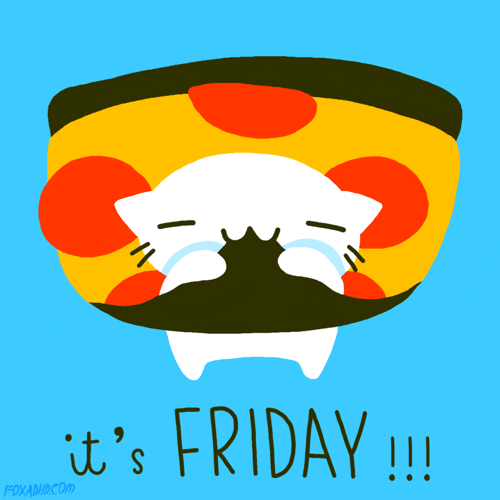 Illustrated gif. Slice of pizza falls onto and envelops a small white cat, who eats it. Text, "It's Friday!"