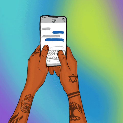 Digital art gif. Woman's hands with religiously symbolic tattoos tapping on a Blackberry in front of a rainbow background, a speech bubble appearing to show the text, "U up?"