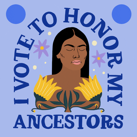 Digital art gif. Comic-style living portrait of an Indigenous woman on a lilac background surrounded by sunflowers asters and checkmarks, message in a serif font framed around like a belljar. Text, "I vote to honor my ancestors."