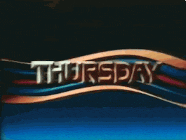 Text gif. Vintage shot of the text, "Thursday," on a copper, blue, and red, waving background.
