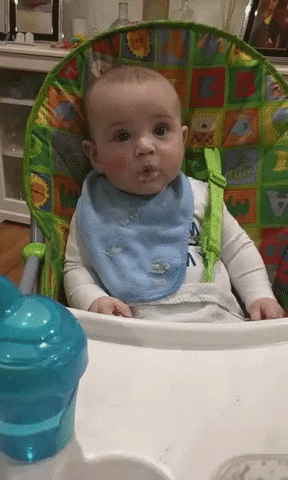 Video gif. Baby sits in a high chair with a messy bib around its neck. A hand moves a spoon of food towards the baby, who shakes with excitement as the spoon goes into its mouth.