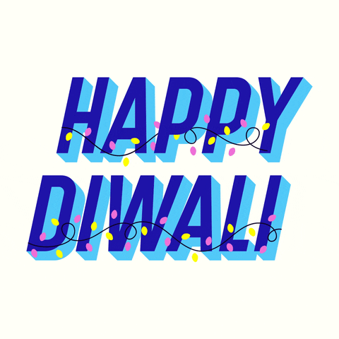 Text gif. Text reads, "Happy Diwali" in a bold, blue three dimensional font that is decorated with string lights that merrily alternate between neon yellow and purple.