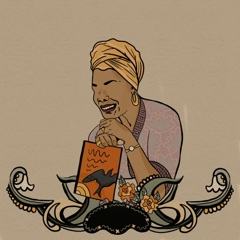 Illustrated gif. Portrait of a woman wearing a head wrap, leaning against her hands over a book, as flowery and ornate border pops up around her. Plaque at the bottom reads "writer" and plaque at the top reads "Maya Angelou."