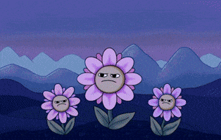 Digital illustration gif. Three flowers look frustrated then happy as a smiling sun rises and they pop up, swaying lightly in the breeze. A rainbow arcs over towering mountains in the background. Text, "Thank you."