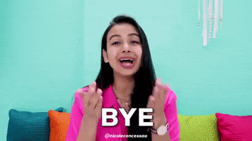 Celebrity gif. Nicole Concessao blows kisses with both her hands and smiles. Text, "Bye."