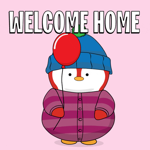 Cartoon gif. A chubby red penguin wearing purple striped pajamas and a blue beanie releases a red balloon from its grip while spreading its arms in delight. Text reads, "Welcome home."