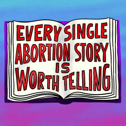 Text gif. Open book on a pink and blue background displays the words "Every single abortion story is worth telling" in red, the page turns and displays the words "Every single abortion story is worth telling" in blue, the page turns infinitely.