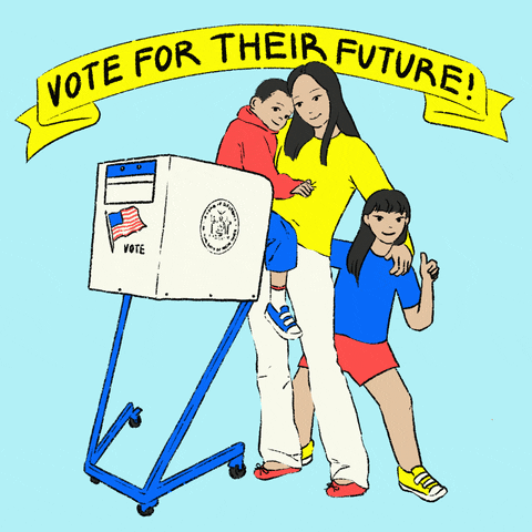 Digital art gif. Asian American mother holds her small child as she leans over a voting booth, then she puts an arm around an older child who stands behind her and smiles. A yellow banner at the top reads, “Vote for their future!”