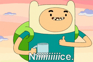 TV gif. Animated character Finn the Human from Adventure Time, holding a mug, gives a solid thumbs up and says, "Niiiiiice," which appears as text.