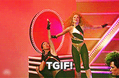 SNL gif. Amy Poehler dances in a gold and black mock neck leotard as she spreads out her arms and turns to the side. pumping a straight arm up and down. Text, "TGIF!"