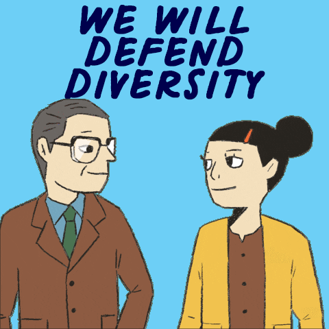 Animated gif. Older man and younger woman bump elbows, and then again, before both putting their hands on their hips and smiling at each other. Text, "We will defend diversity."