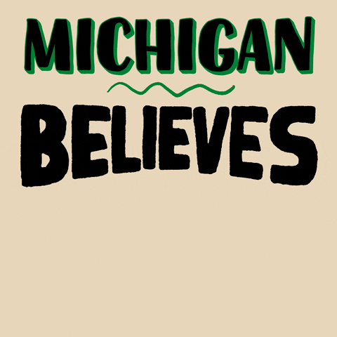 Text gif. Giant black and green letters fill the bisque-white background. Text, "Michigan believes, abortion is, healthcare."
