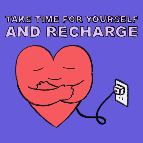Illustrated gif. Big red heart on a grapey purple background takes a moment to give itself a hug, plugged into the wall. Text, "Take time for yourself and recharge."