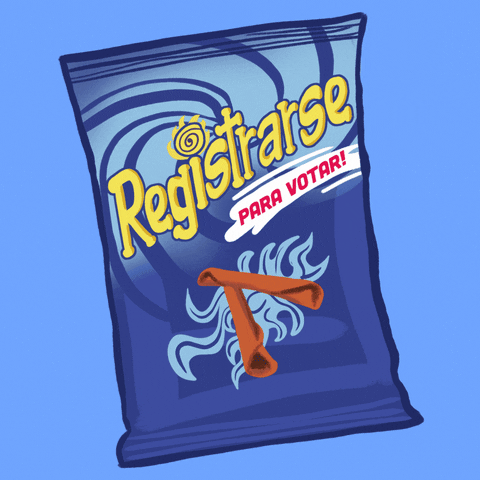 Digital art gif. Blue bag of spicy rolled corn tortilla chips shakes back and forth over a light blue background. The illustration on the bag features two chips that flash in front of flashing flames as well as a swirling motif. Text, “Registrarse para votar!”