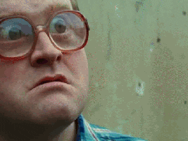 TV gif. The camera is close up on Bubbles from the Trailer Park Boys. He looks worried and he blinks his magnified eyes through his glasses. 
