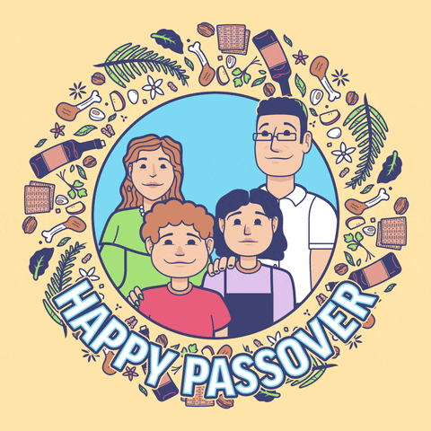 Illustrated gif. Family of four blinks and smiles as they crowd together in a circular frame surrounded by festive items like flora, wine bottles, fruit, nuts, and matzah, all against a buttercream colored background. Text, "Happy Passover."